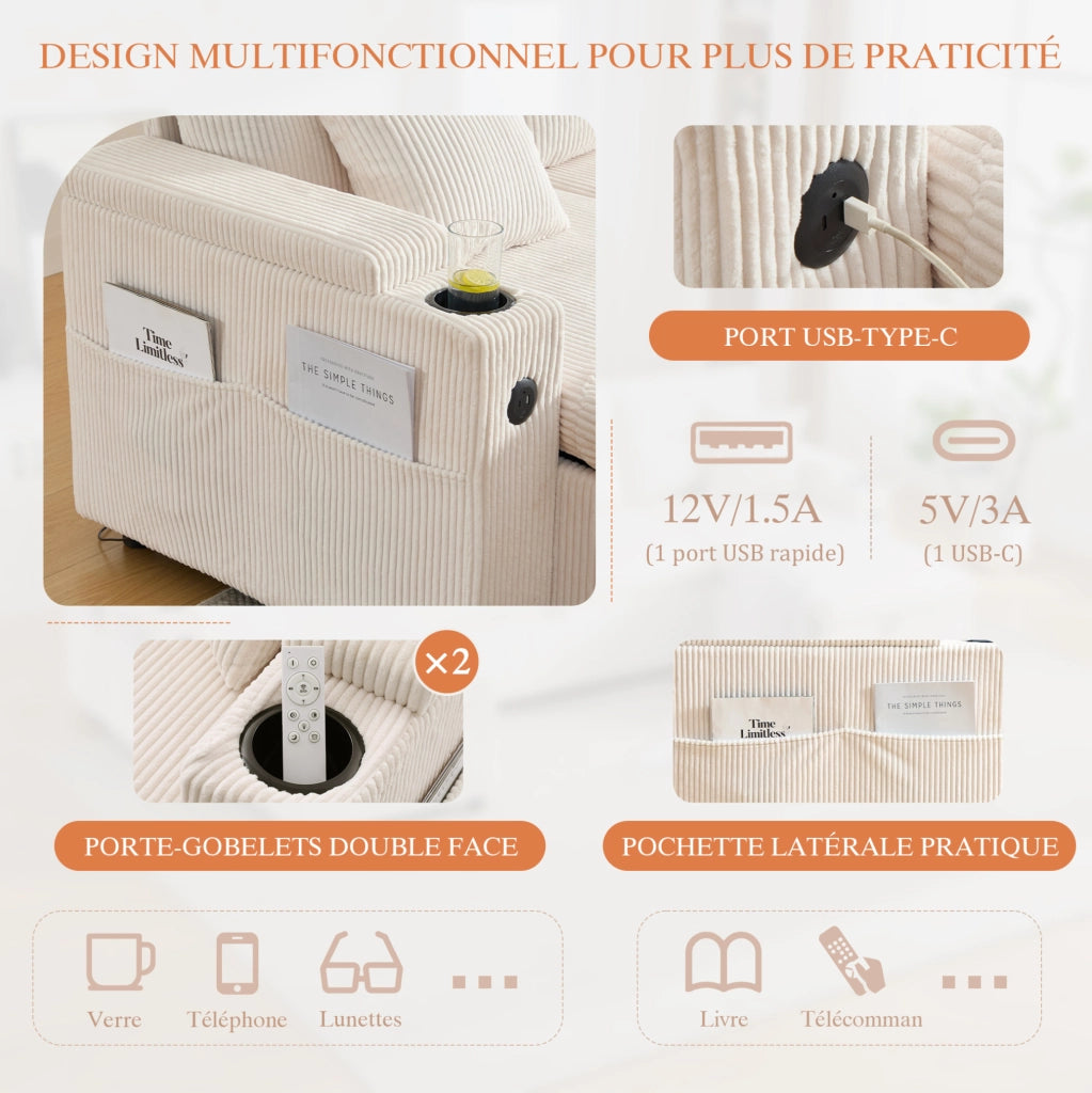 Divano 4 posti con due chaise longue; contenitore; portabicchieri e USB-C; 272x136x86 cm; beige