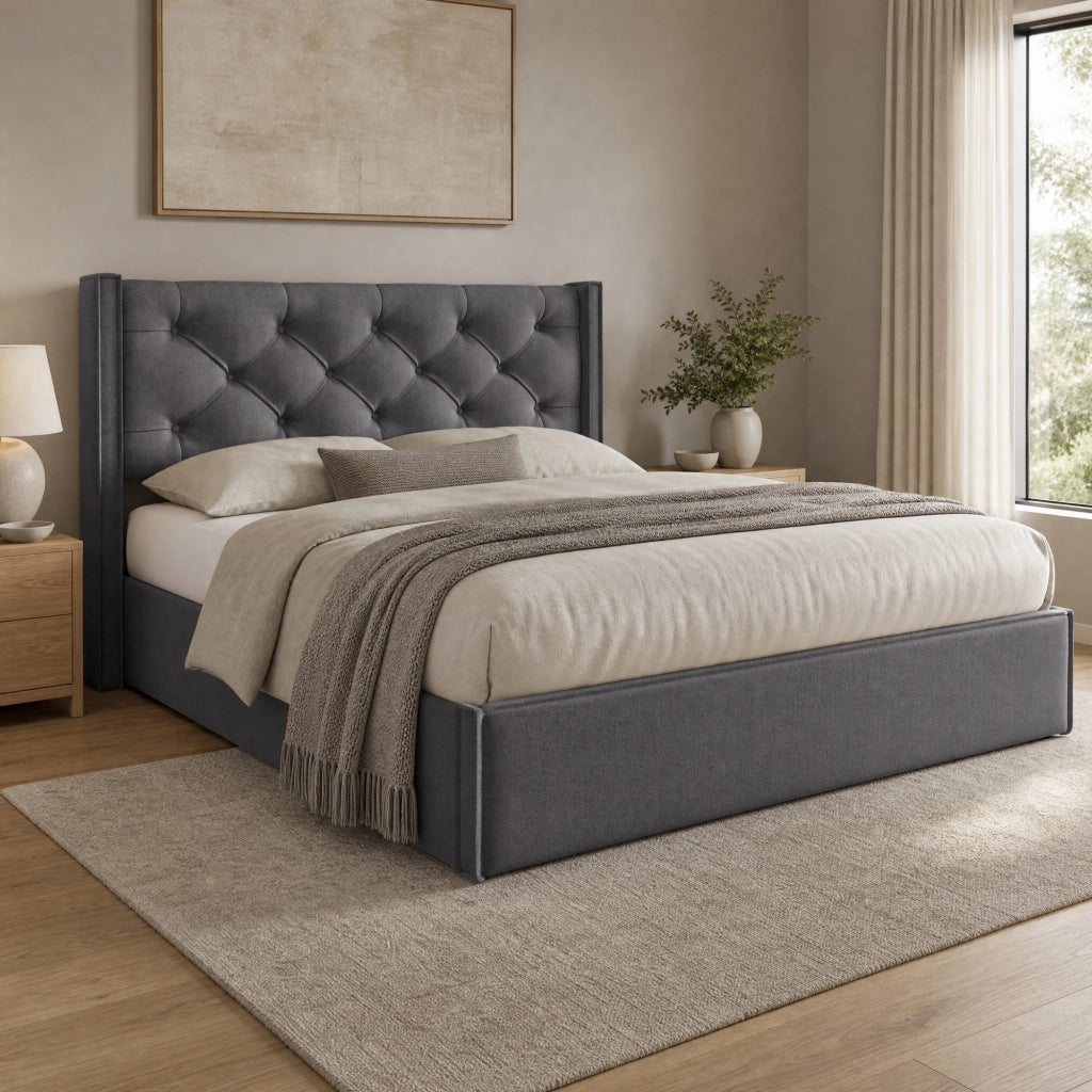 Letto matrimoniale imbottito 140x200 cm con contenitore, struttura in legno massello e metallo, grigio
