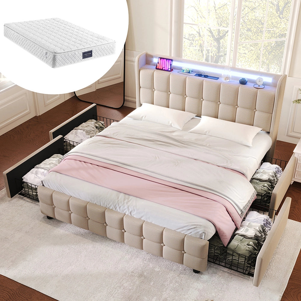 Letto imbottito con testiera e illuminazione LED - Xylo - 160x200 cm - Grigio - USB, 4 cassetti