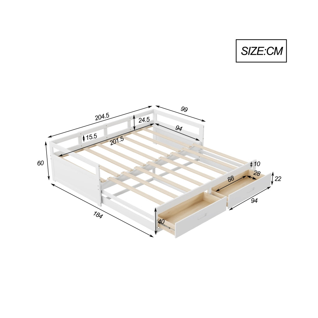 Letto estraibile singolo 90×200 cm e 180×200 cm con 2 cassetti; senza materasso; legno; bianco