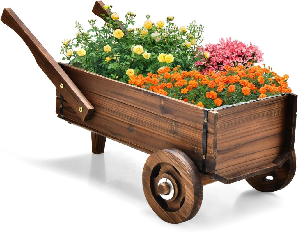 Fioriera da Esterno in Legno a Forma di Carrello, Carriola Portafiori con Ruote, Maniglie, Foro di Drenaggio, Carrello Decorativo da Interno ed Esterno, per Giardino, Patio e Balcone