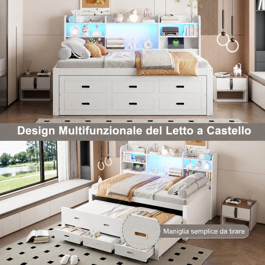 Letto divano singolo 90x200 cm con contenitore idraulico LED USB e USB C; lino e MDF; beige