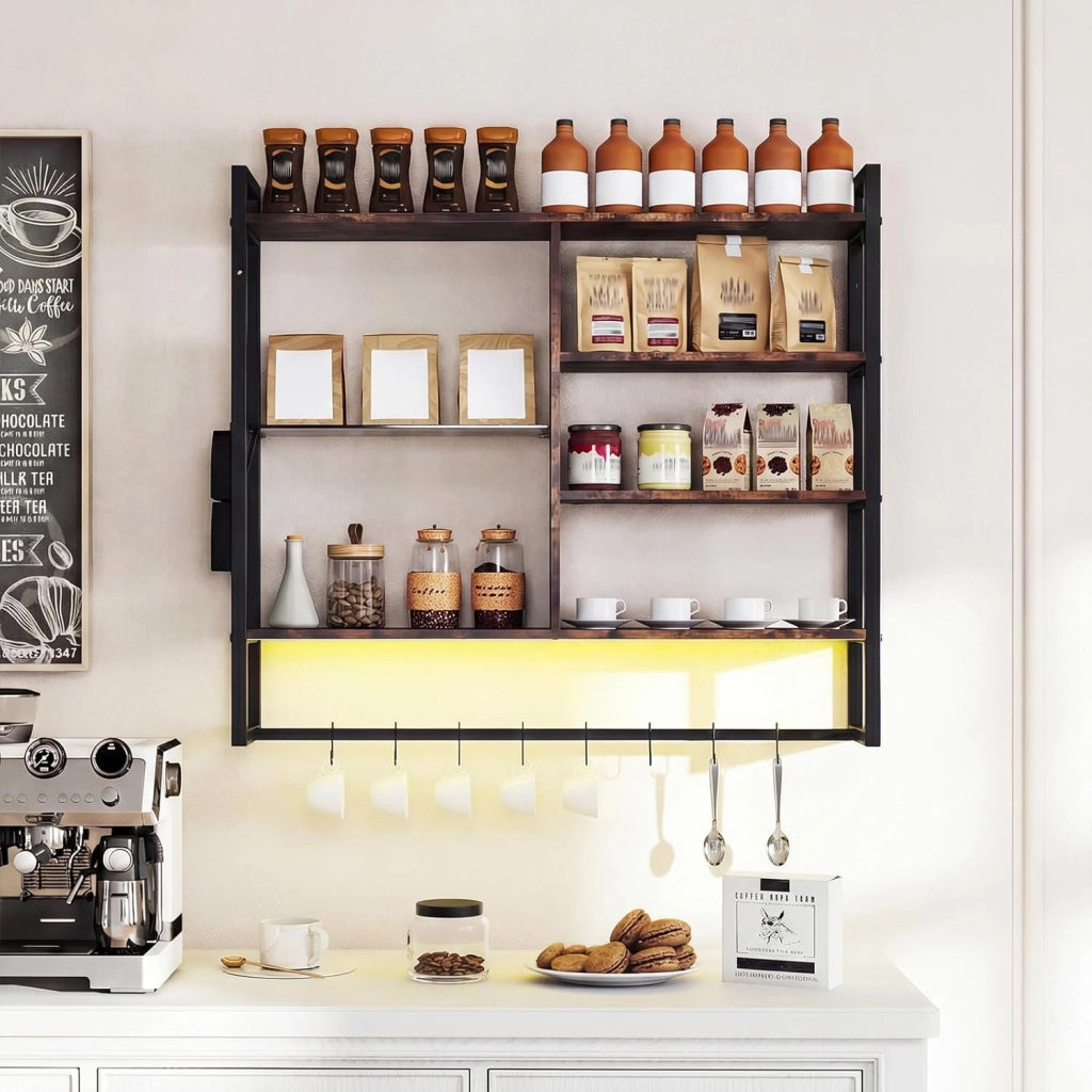 Mensola da Parete 107 cm, Scaffale a 6 Livelli con Luci LED, Controllo Remoto e APP, 8 Ganci a S e Tasca Laterale Rimovibile, Espositori per Bar Cucina Salotto Bagno
