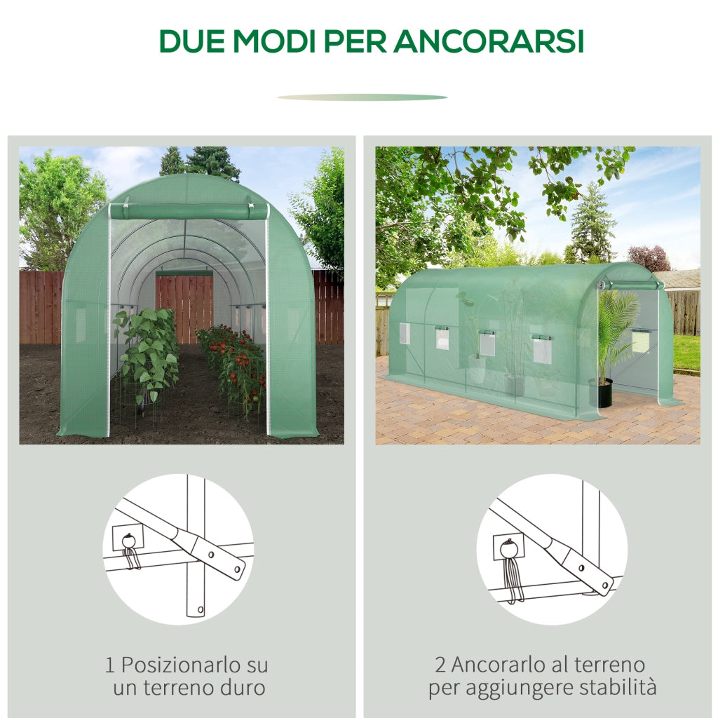EasyComfort Serra a Tunnel da Giardino 5x2x2 m con 8 Finestre e Porta Avvolgibile, Verde