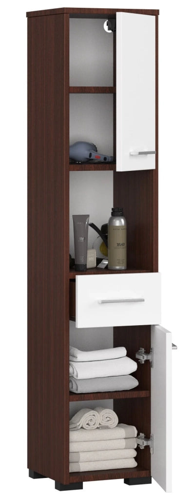 Colonna da bagno AKORD FIN Wengé 30 cm 2 ante 1 cassetto inserto frontale Bianco 30x30x140 cm