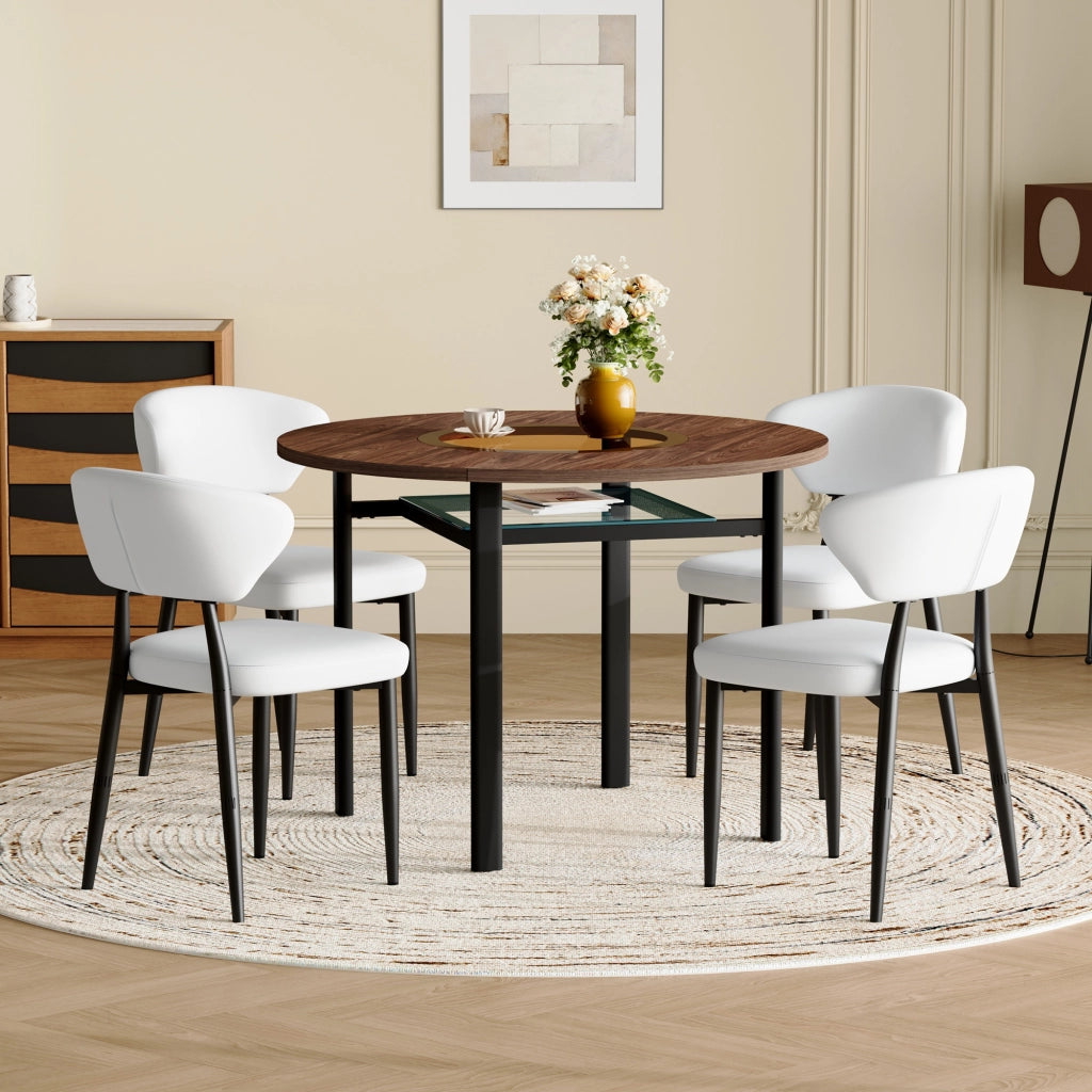 Tavolo da pranzo rotondo moderno per 4 persone con 4 sedie bianche, piano in MDF e vetro, marrone e bianco, 100 cm