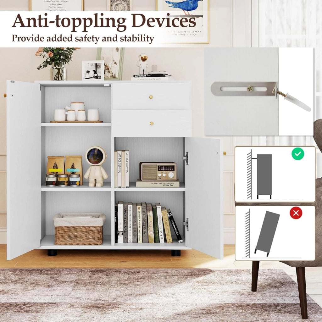 Mobile Dispensa con 2 Cassetti, Credenza da Cucina con 2 Ante, Mobiletto Basso con 3 Ripiani Regolabili, Armadio a Buffet per Sala da Pranzo, Soggiorno, 74x35x85,5 cm(L x P x A) (Bianco)