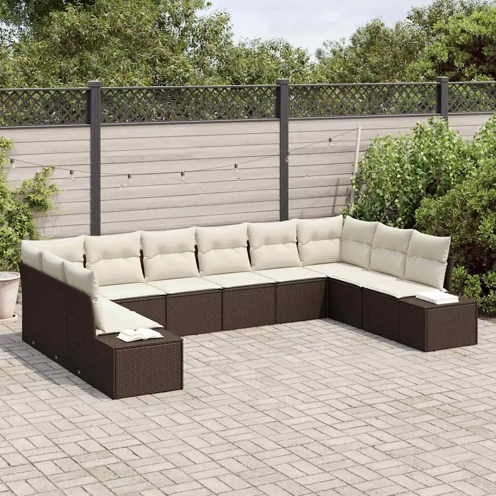 Set Divano da Giardino 10 pcs Marrone e Crema Polyrattan