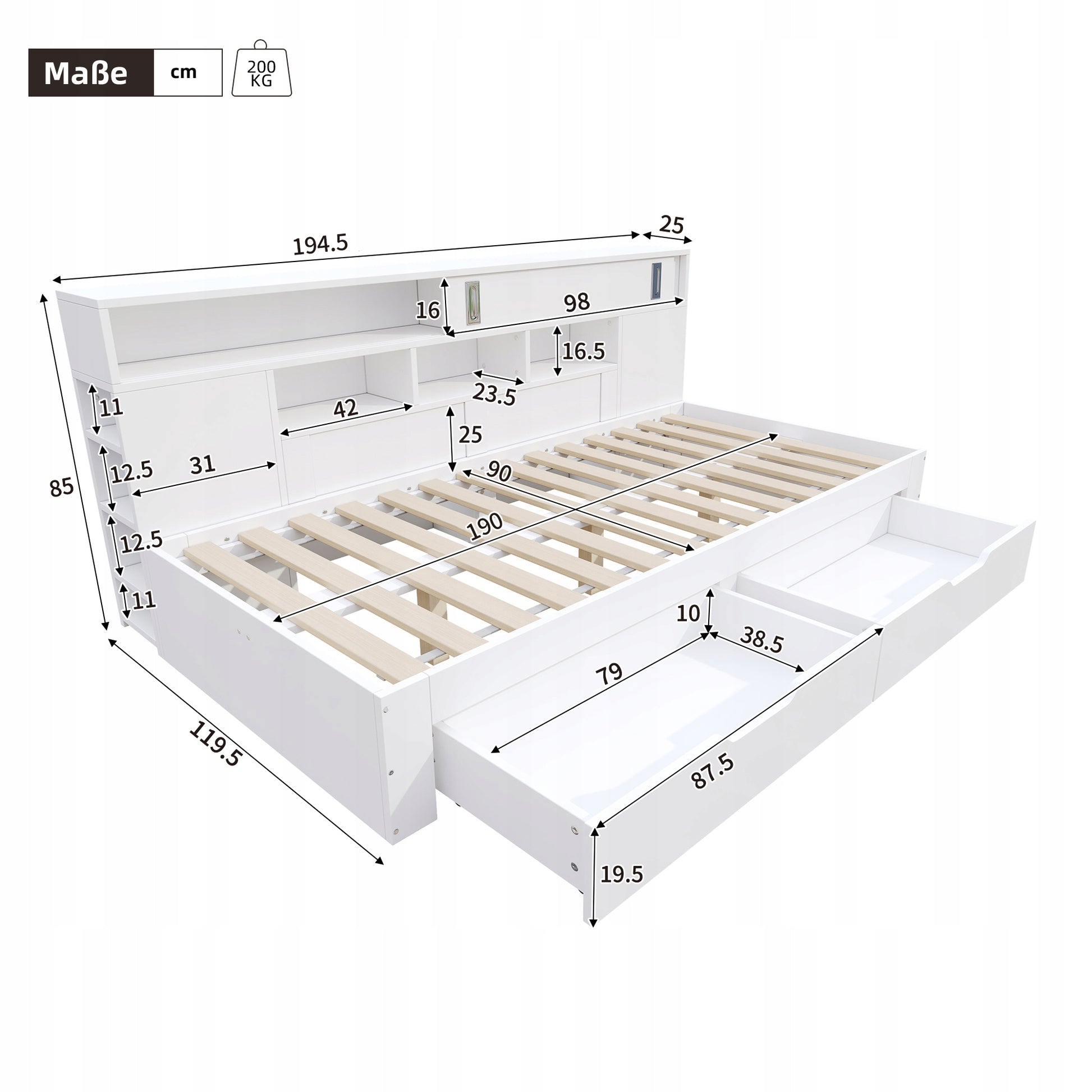 Letto singolo per bambini 90x190 - Xylo - Bianco con cassetti e armadio