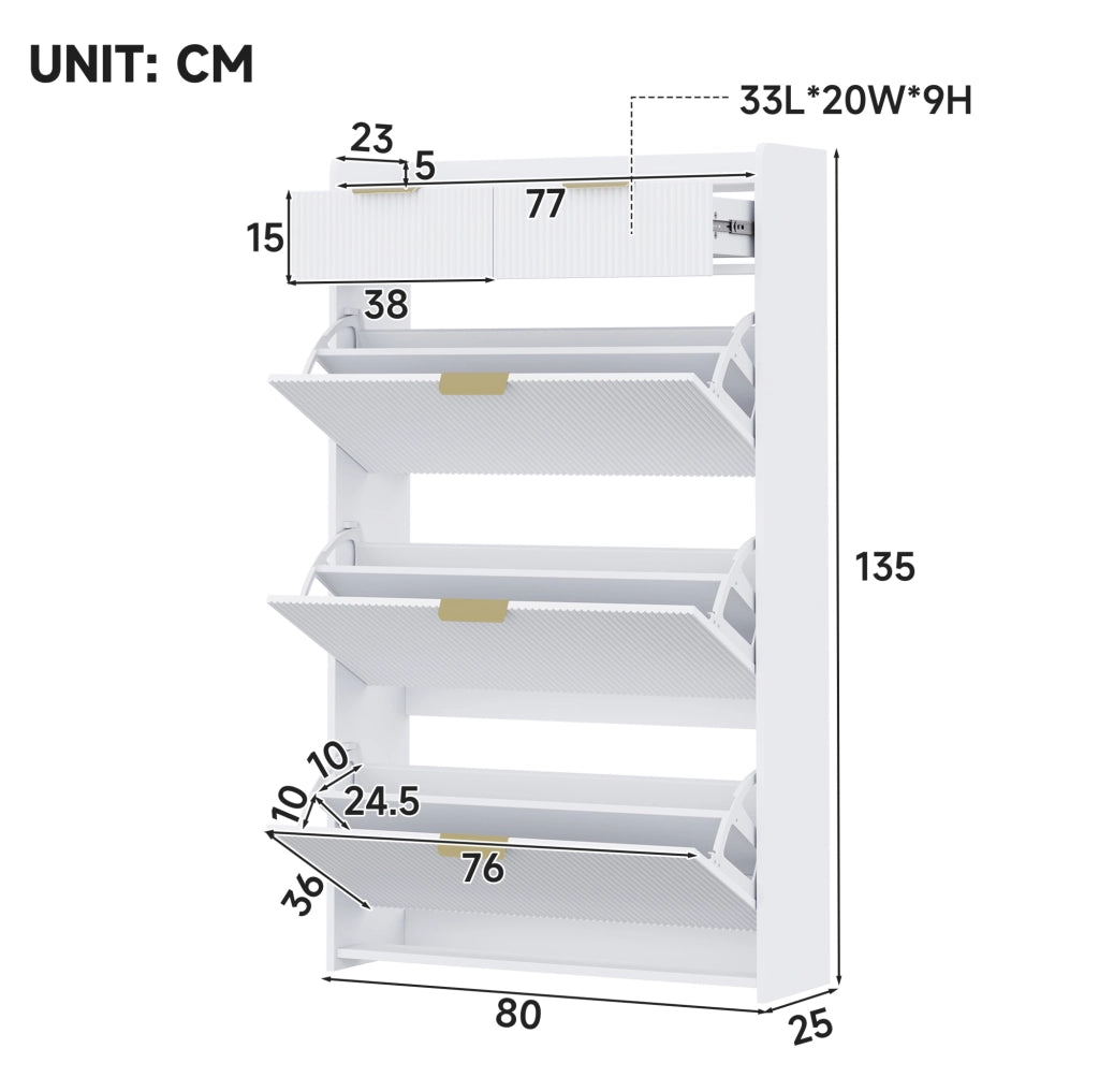 Scarpiera salvaspazio 80x25x135 cm con 3 ribalte e 2 cassetti; bianco