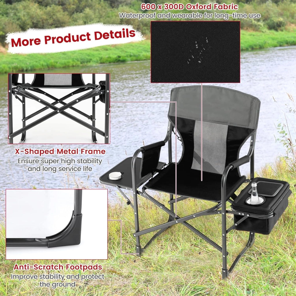 Sedia Pieghevole Da Campeggo, Sedia Campeggio Pieghevole da Esterno Giardino con Tavolo Laterale, Sedia Mare Spiaggia Pesca da Esterno Tasca Portaoggetti e Borsa Termica 53x98x113 cm
