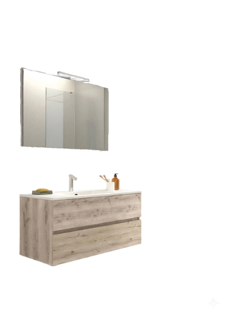 Mobile da Bagno Sospeso con Lavabo 100 cm e Specchio Bali Light Rovere Naturale