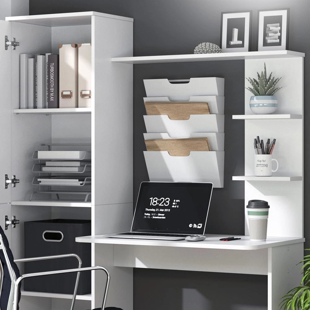 Scrivania con ripiani Tessa, Bianco, 122.9 x 52 cm, con ripiano per spazio di appoggio aggiuntivo