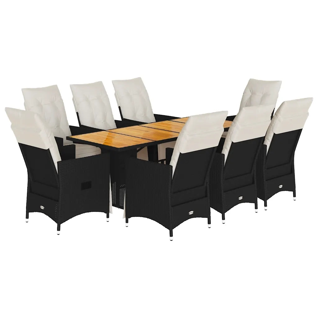 Set da Pranzo da Giardino 9 pz con Cuscini Nero in Polyrattan