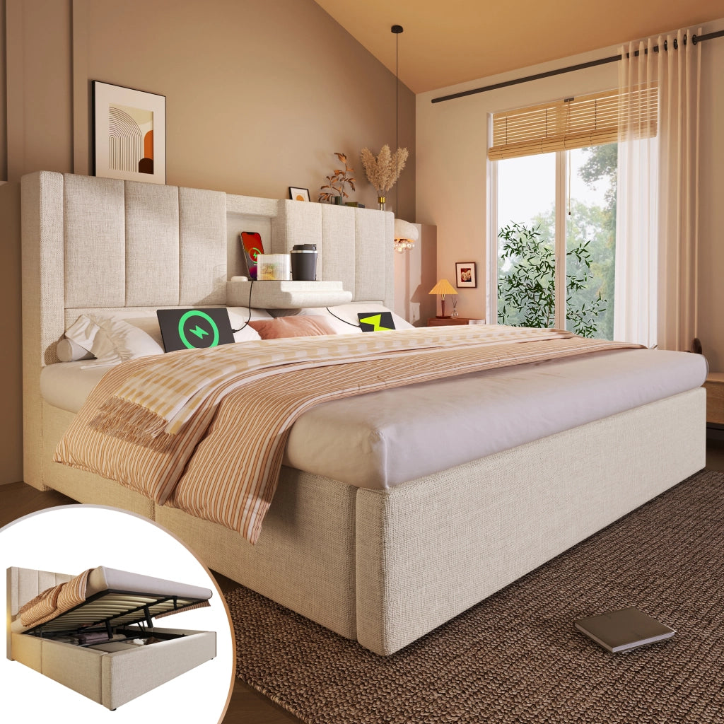 Letto imbottito di dimensioni 180x200 cm con sistema di carico idraulico e lenzuola beige