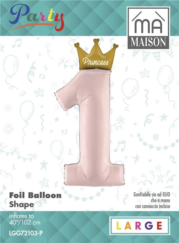 MA MAISON MYLAR "1" COMPLEANNO ROSA CON CORONA DORATA 102X40CM CANNUCCIA INCLUSA