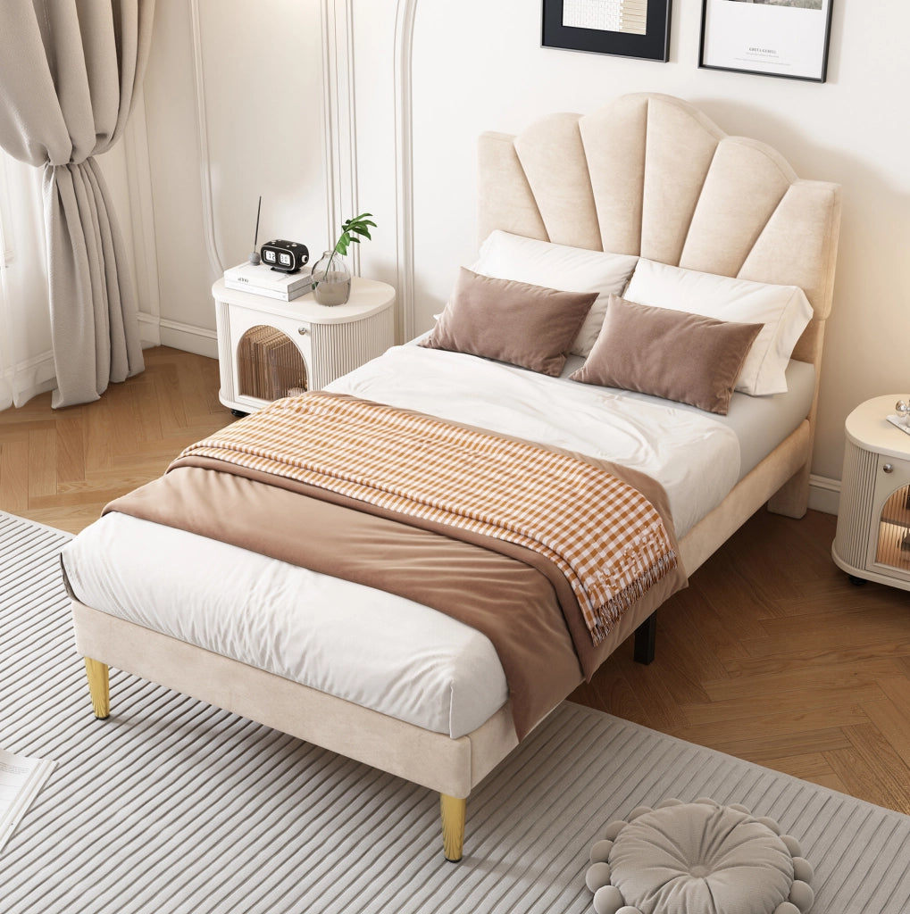 Letto imbottito 90x200 cm con testiera regolabile e rete a doghe in velluto beige