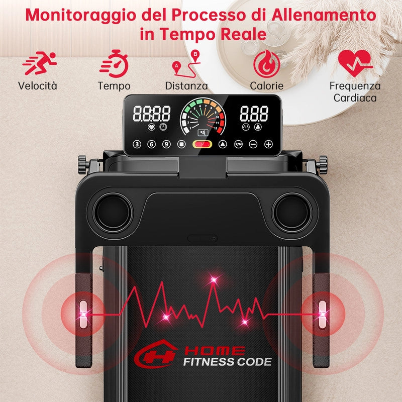TAPIS ROULANT ELETTRICO COMPATTO PIEGHEVOLE PER LA CASA CON DISPLAY LED E DUE PORTABICCHIERI