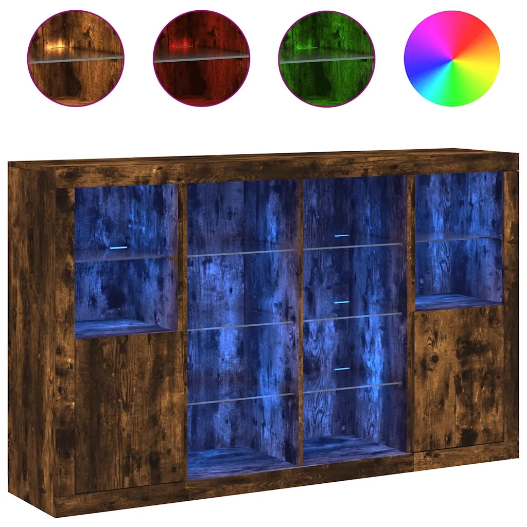 Credenze con Luci LED 3 pz Rovere Fumo in Legno Multistrato 3209139