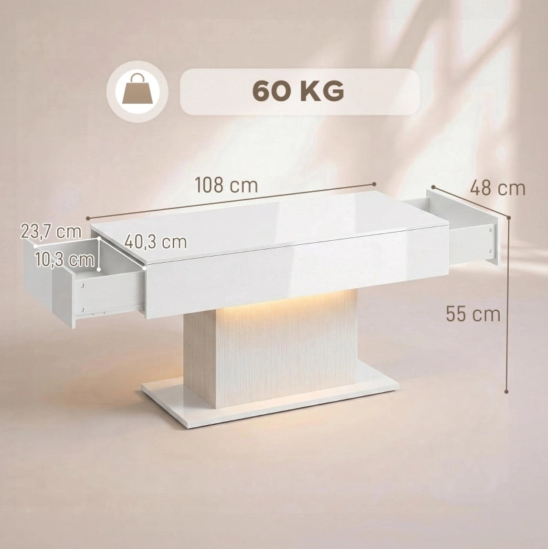 Tavolino da caffè con 2 cassetti; LED RGB USB e telecomando; bianco lucido
