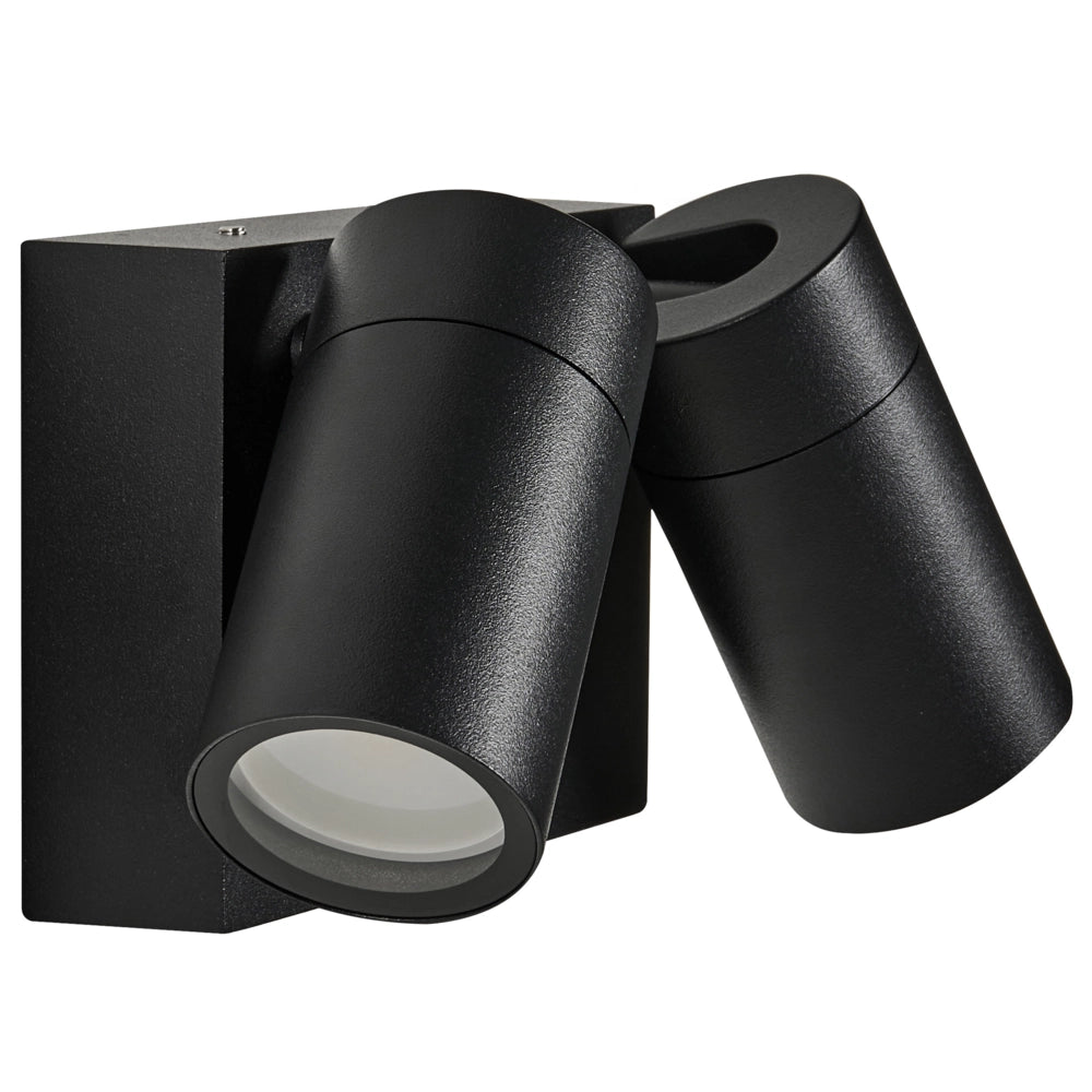 Lampada da parete per esterni in alluminio nero con 2 faretti, illuminazione da esterno moderna