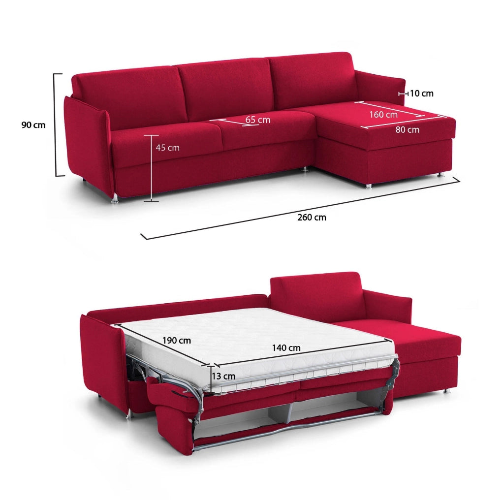Scordia, Divano Letto con Penisola Sfoderabile Made in Italy, 260x160 cm Rosso