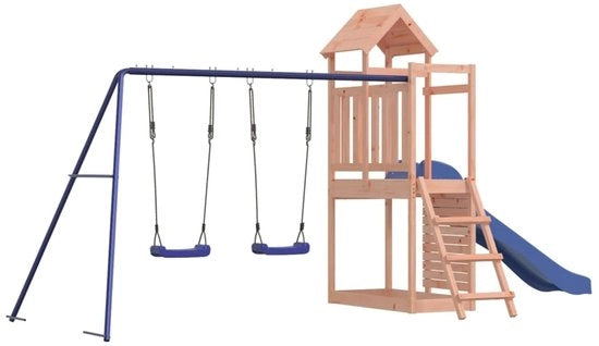 Struttura di Gioco in Legno per Esterno - Scala con Scivolo - Due Pianali Oscillanti - Parete a Blocchi - Area di Sabbia - Adatta a Bambini di 3-8 Anni