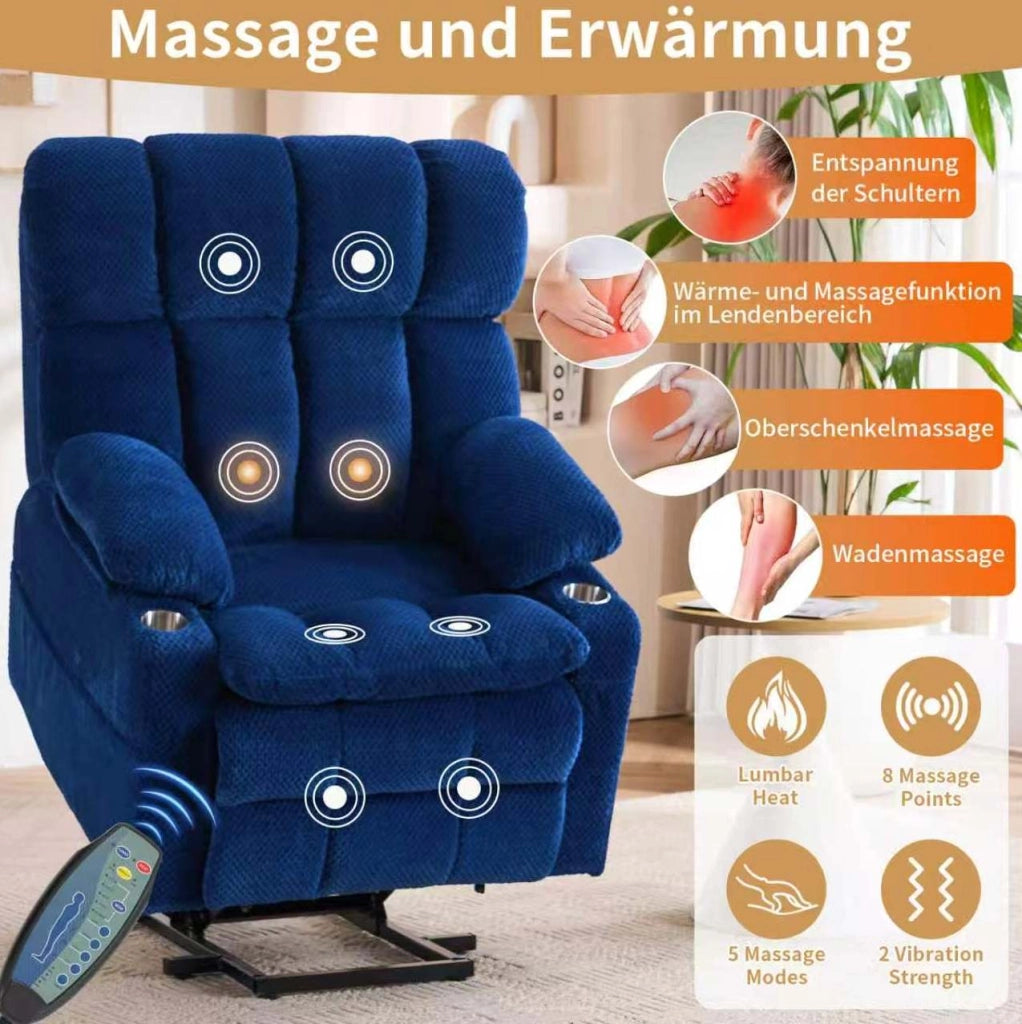 Poltrona relax elettrica con 2 motori e alzata assistita; massaggio; riscaldamento; blu in flanella