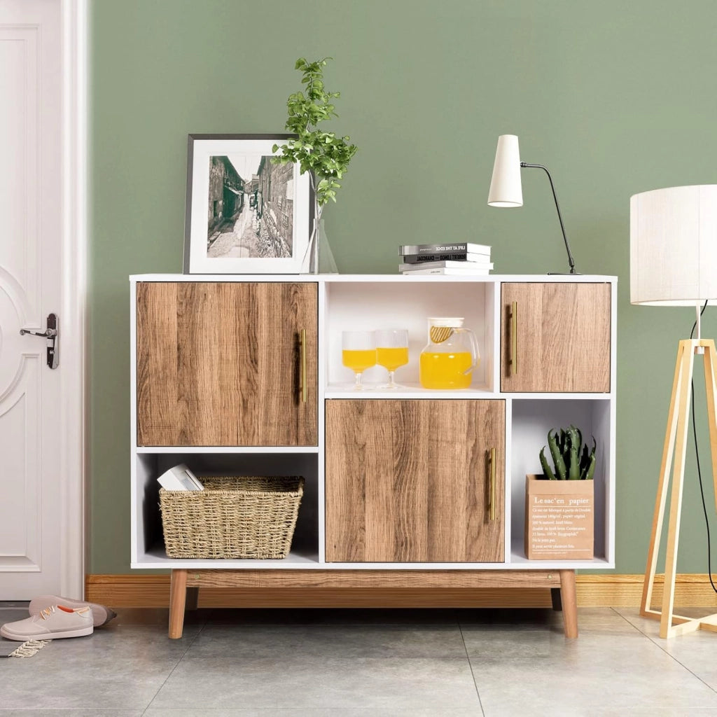 Armadio in legno, credenza per soggiorno, a buffet, 6 scomparti e 3 ante, mobile laterale, moderno, indipendente (bianco + naturale)
