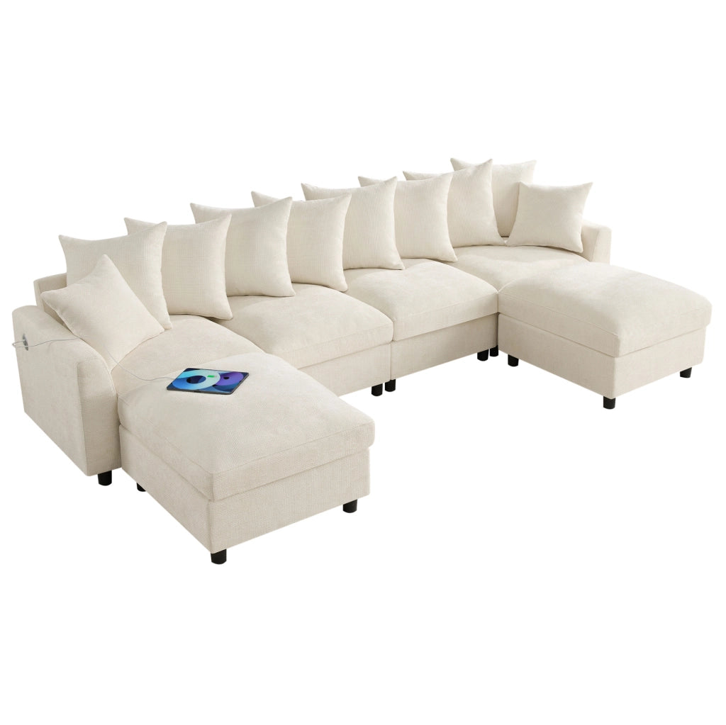 Sofa modulare angolare 6 posti in tessuto chenille beige con USB e Type-C; 283 cm
