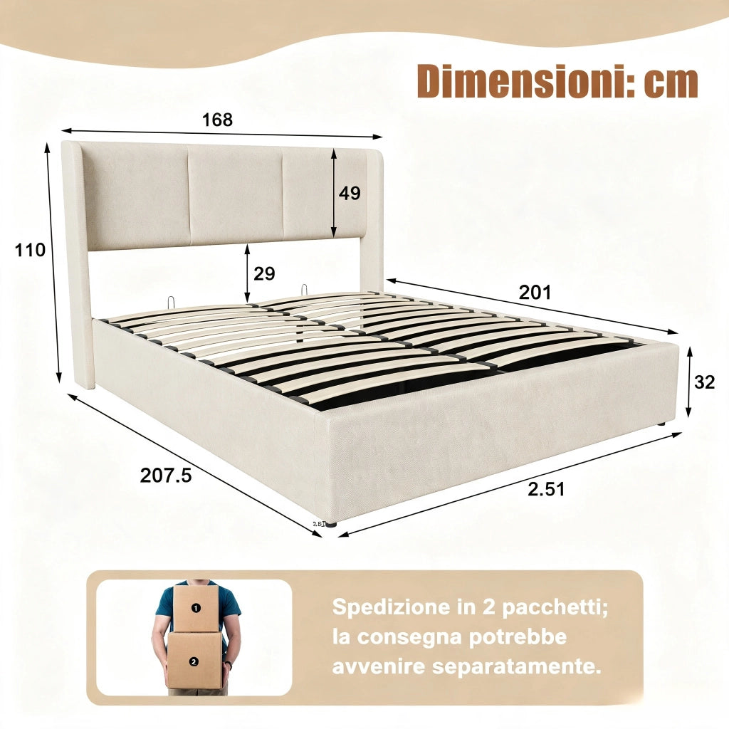 Letto matrimoniale contenitore 160x200 cm con testiera imbottita struttura letto rete a doghe vano idraulico in lino-beige