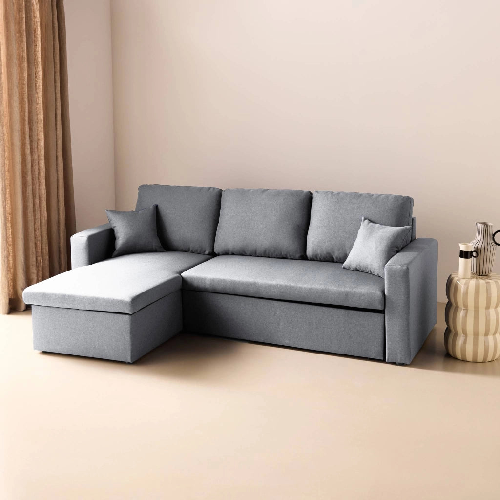 Divano letto angolare reversibile con contenitore, 3 posti, grigio
