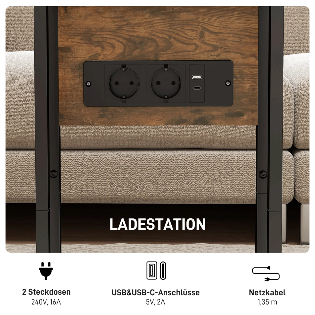 Tavolino pieghevole con USB ¨C ZephMum ¨C Marrone, Metallo, 39x29x57 cm