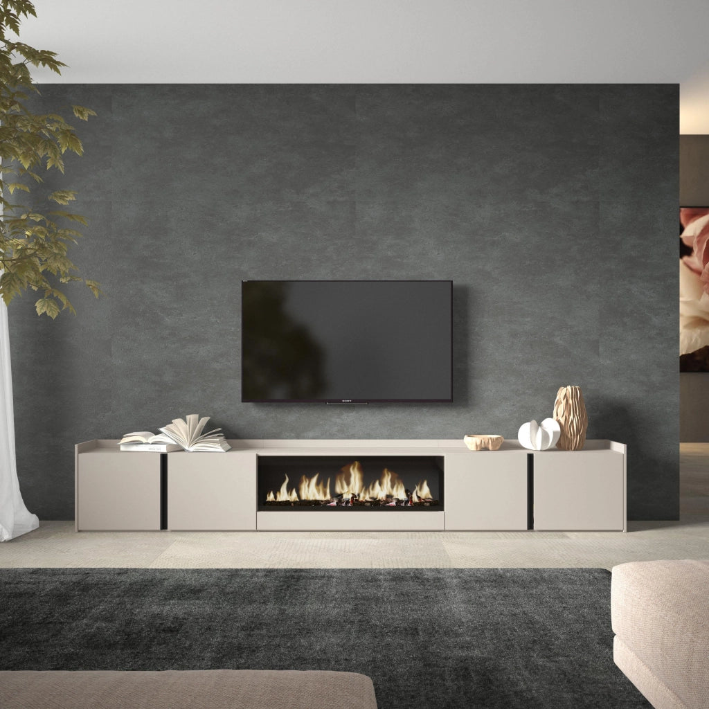 Mobile TV Soggiorno, 315x50x35 cm, Per TV fino a 80", Camino elettrico XXL, Beige