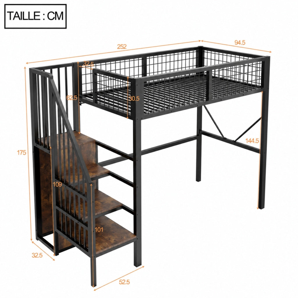 Letto a soppalco 90 × 200 cm 1 posto con scala contenitore, LED e barriera, senza materasso, nero