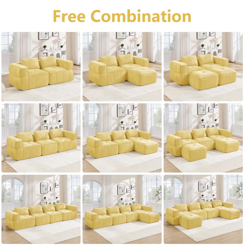 Divano modulare ULEVR 344x162 cm con pouf, seduta profonda e braccioli ampi, giallo