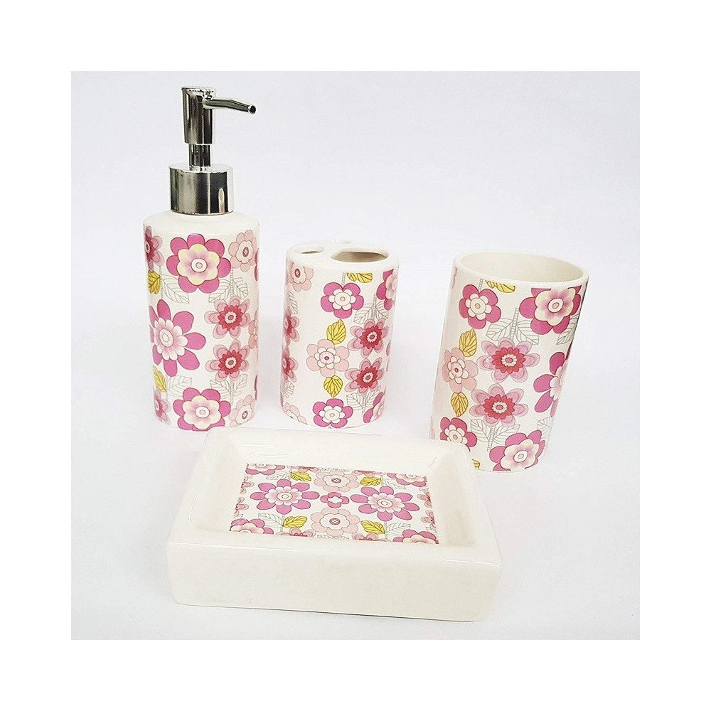 Trade Shop - Set 4pz Bagno Fiori Rosa Floreale Ceramica Dispenser Sapone Porta Saponetta Bicchiere Spazzolini -