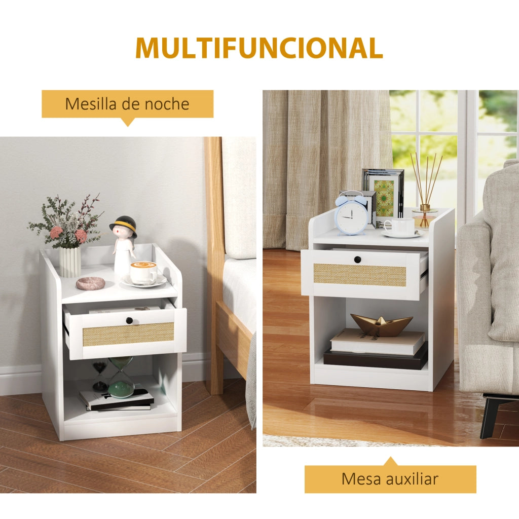Comodino con cassetto e fronte in rattan ¨C Zephmum ¨C 40x40x53 cm bianco