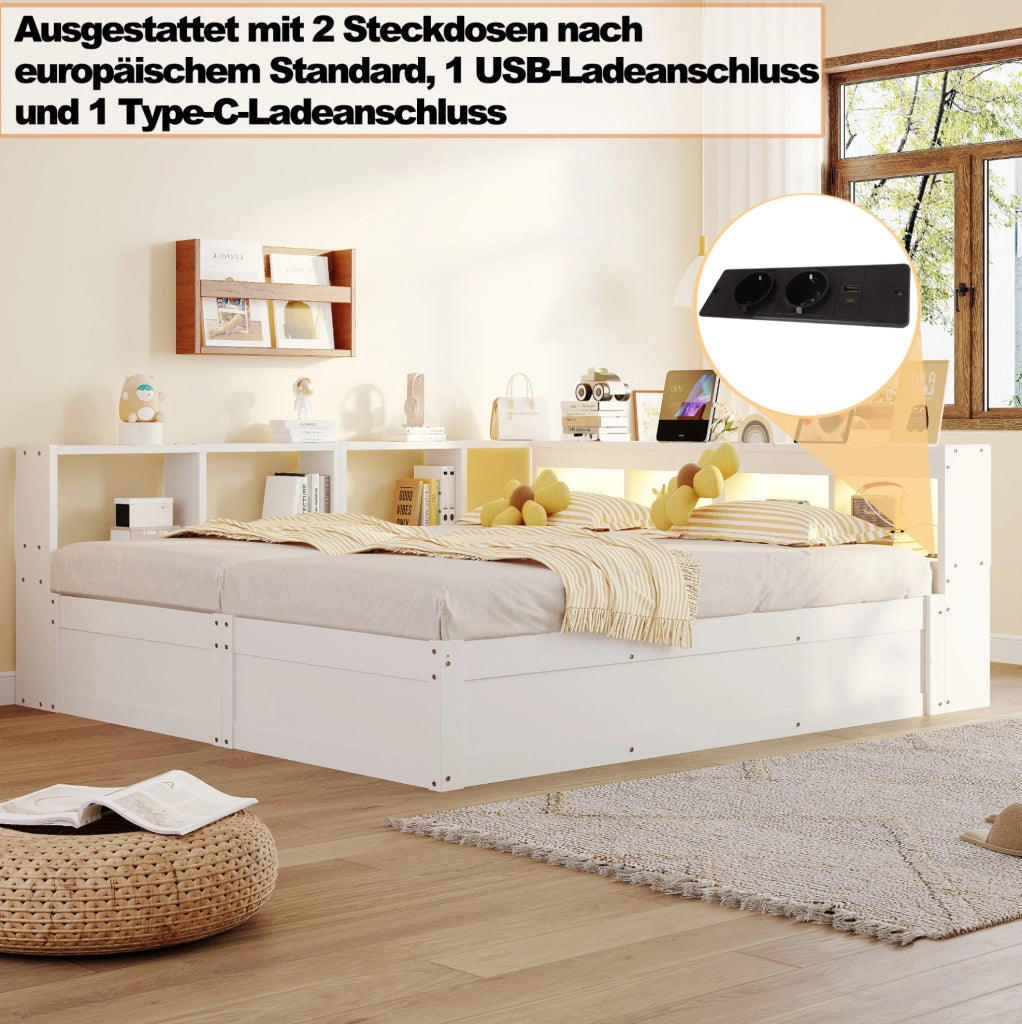 Letto multifunzione 90/180x200 cm con LED, prese e contenitore