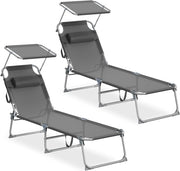 SONGMICS Set da 2 Sedie a Sdraio Pieghevoli, 189 x 53 x 28,5 cm, con Cusicni, Lettini Prendisole, Portata 110 kg Ciascuno, Parasole e Schienale Regolabili, per Terrazza e Balcone, Grigio GCB292GZ02