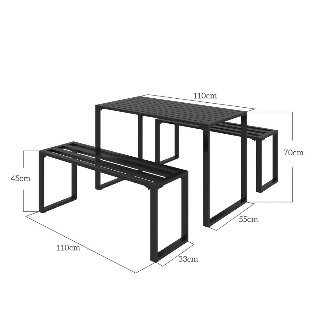 Set da giardino 3 pezzi con tavolo e 2 panche in metallo nero 110x55x70 cm