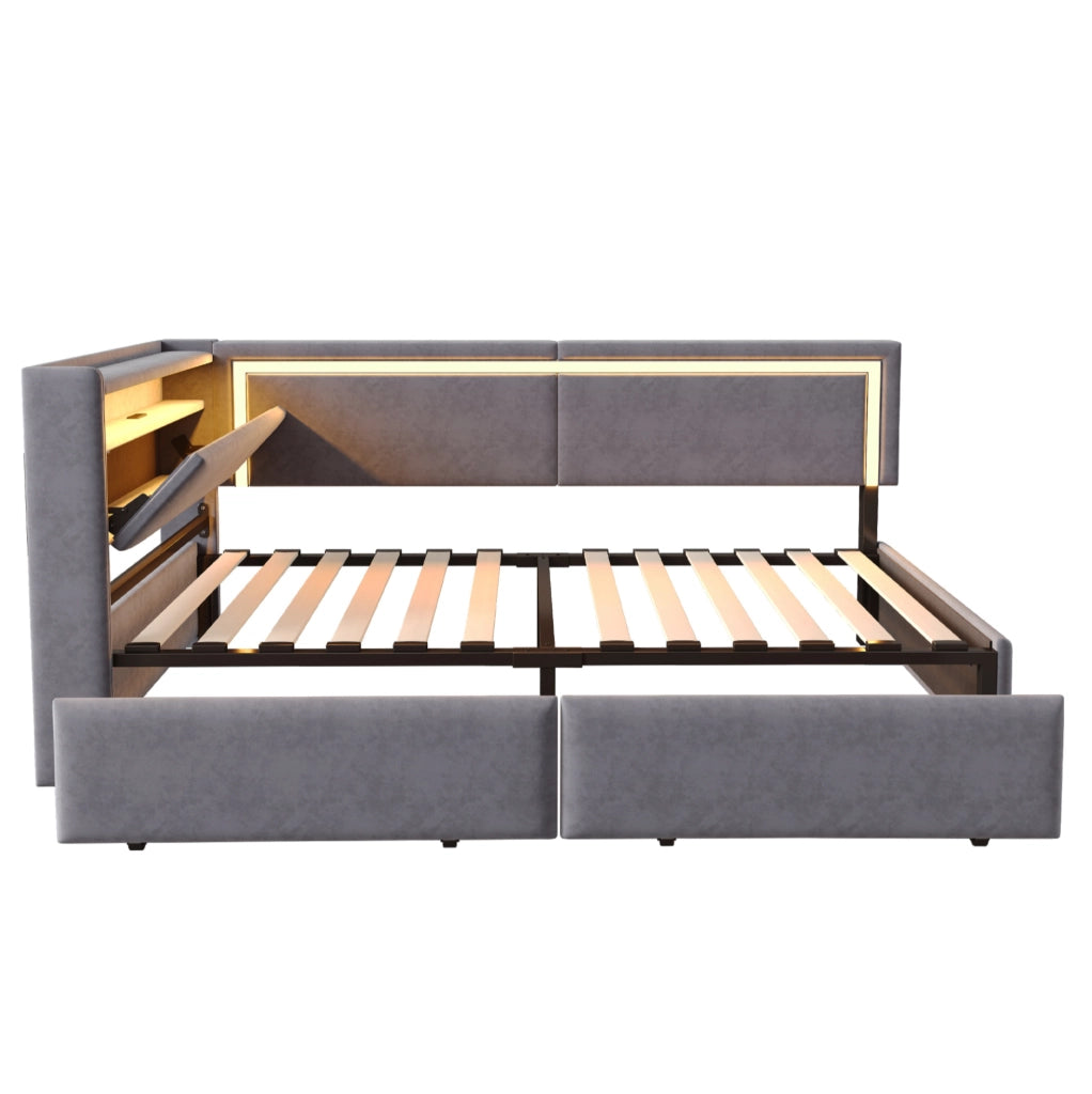 Divano letto 90x200 cm con LED, USB e contenitore in velluto grigio scuro