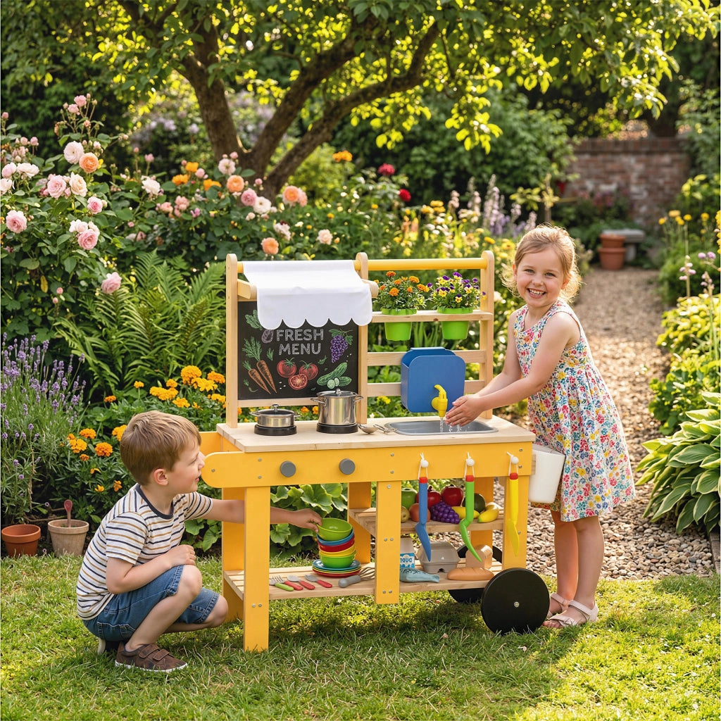 Cucina in Legno per Bambini con 15 Accessori. Cucina Giocattolo per Bambini. Gialla