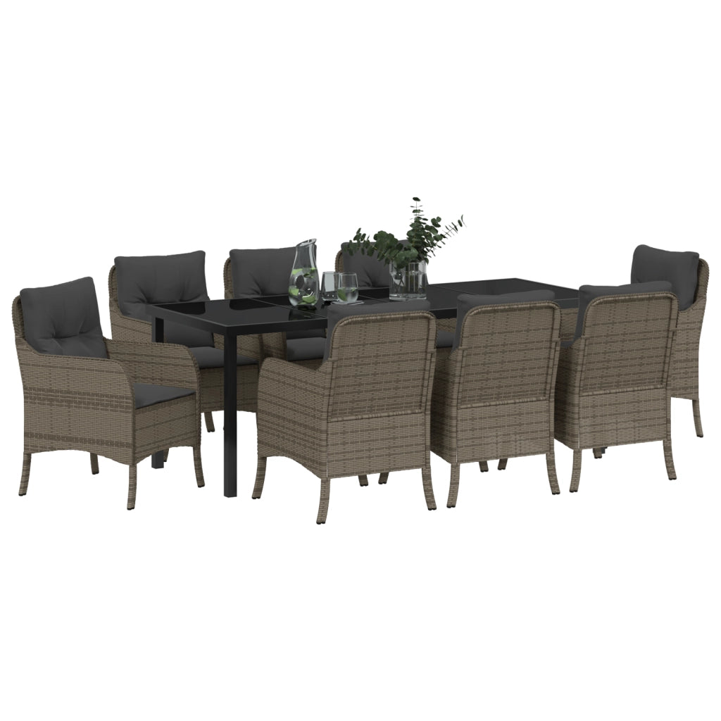 Set da Pranzo da Giardino 9 Pezzi con Cuscini Grigio Rattan Polivalente