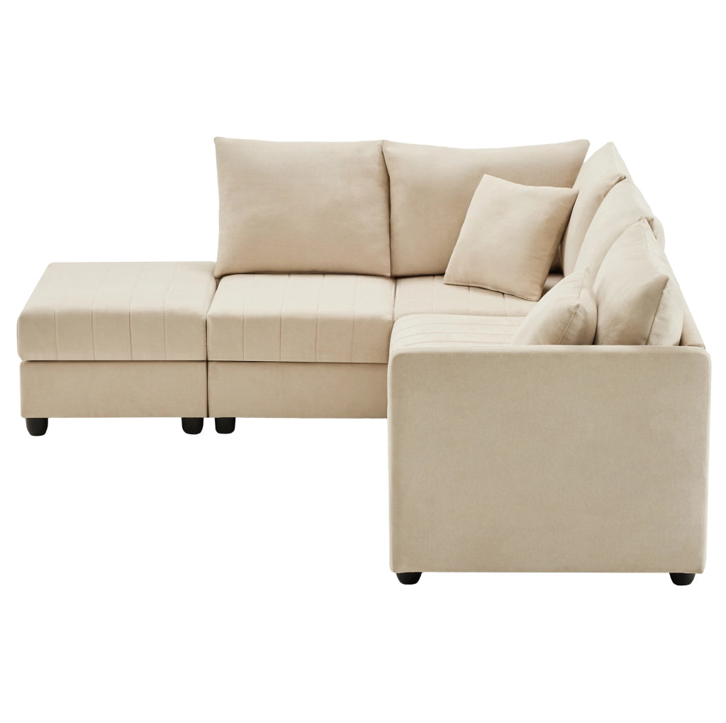 Divano modulare 5 posti beige con poggiapiedi trasformabile e molle indipendenti confortevole
