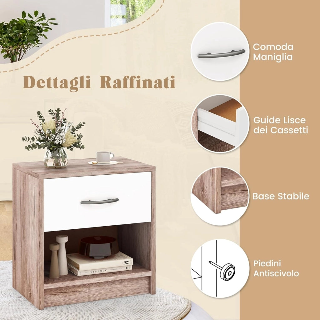 COSTWAY Comodino 38,5 x 28 x 40,5cm in Legno, Tavolino Salvaspazio con Scomparto Aperto e Casseto per Soggiorno e Camera da Letto (Naturale Scuro+Bianco)