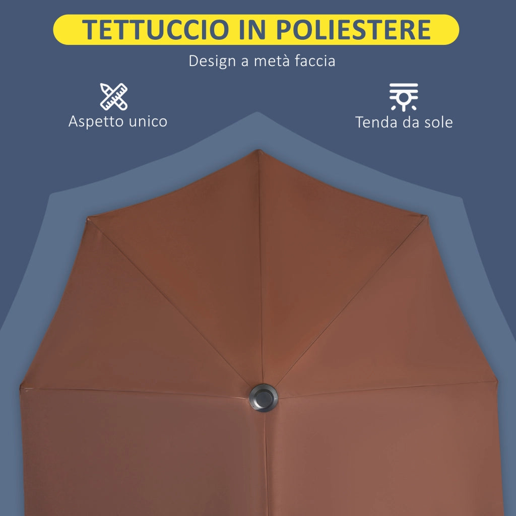 Ombrellone a Mezzaluna Doppio 2x2 m con Apertura a Manovella e Supporto a Croce in Acciaio e Poliestere Caffè
