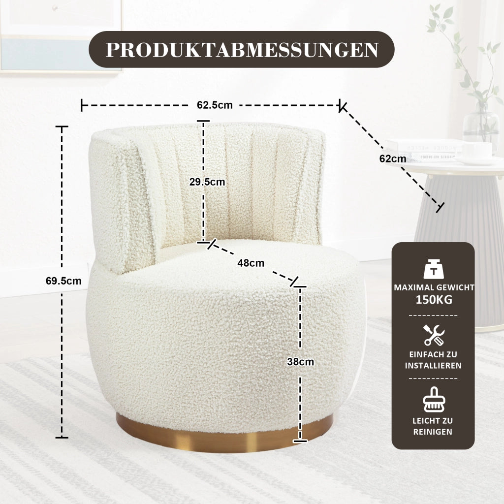 Sedia girevole moderna 360° in Teddy, con schienale ergonomico e struttura in legno e metallo, bianca