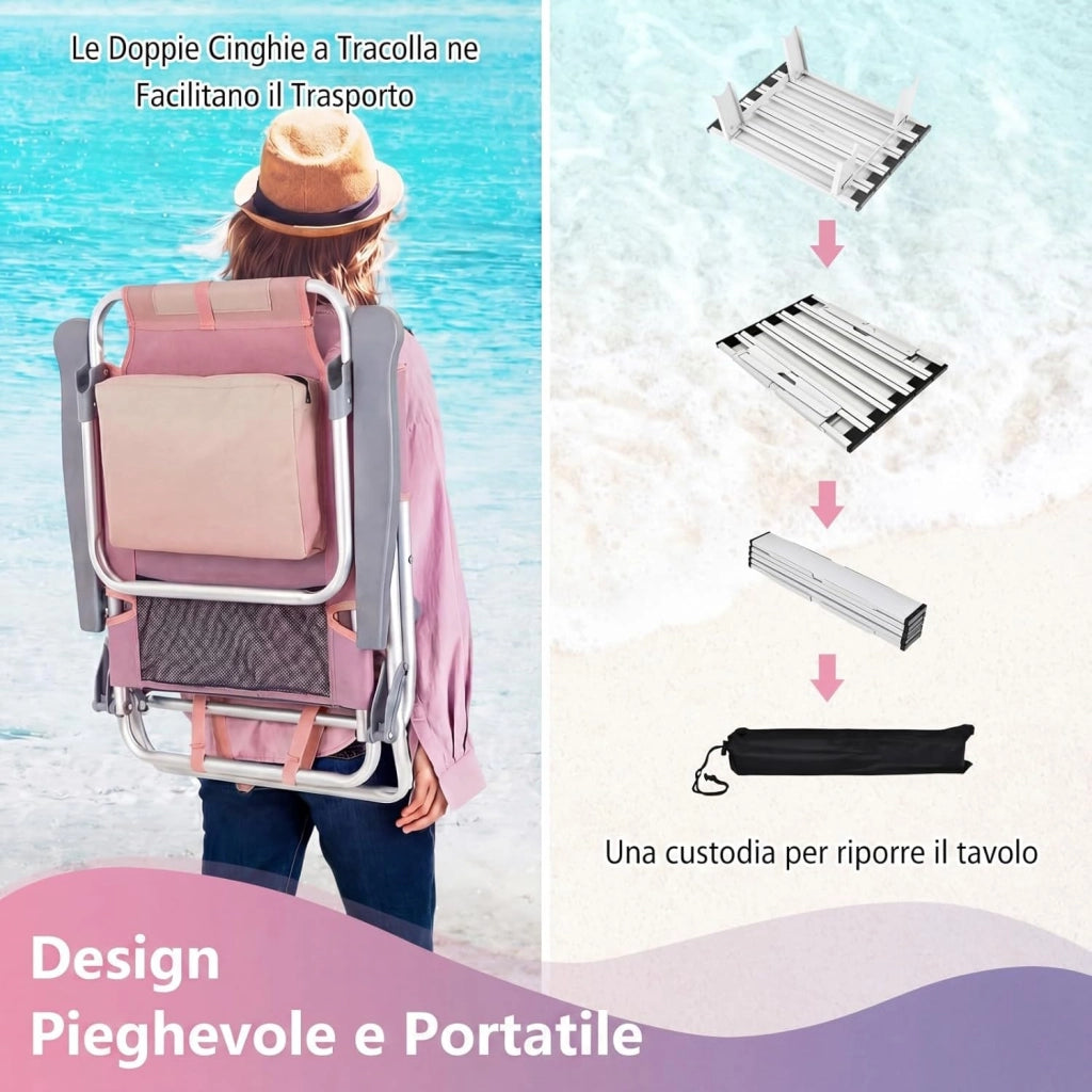 Set di 2 Sedie e Tavolino da Spiaggia Pieghevole, Schienale Regolabile a 5 Livelli, con Portatesta, Borsa Portaoggetti, Borsa Termica, per Campeggio Picnic Esterno (Rosa Chiaro, Modello 2)