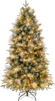 Albero di Natale Artificiale Pre-illuminato 180 cm con 270 Luci LED | Albero di Natale con 806 Punte di Rami in PE, PVC e PET e Pigne e Bacche Rosse, per Casa, Negozio e Ufficio